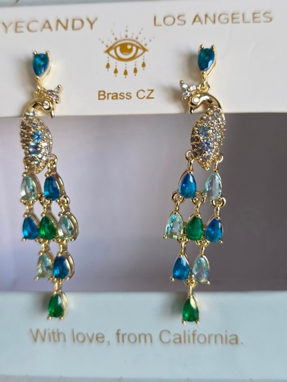 Eyecandy Blue Rhinestone Gold Tone Peacock Earring Necklace